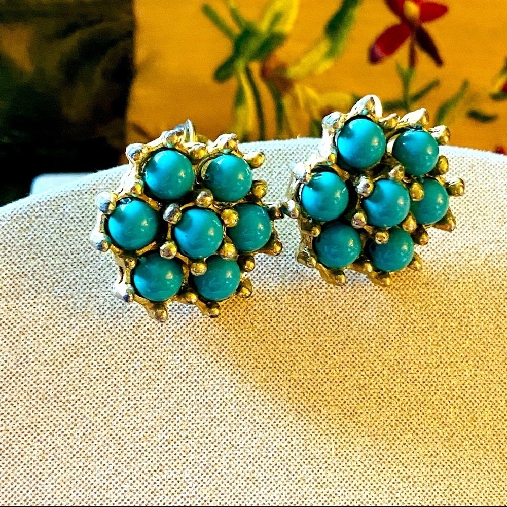 Turquoise and Gold  eased Earrings Clip On